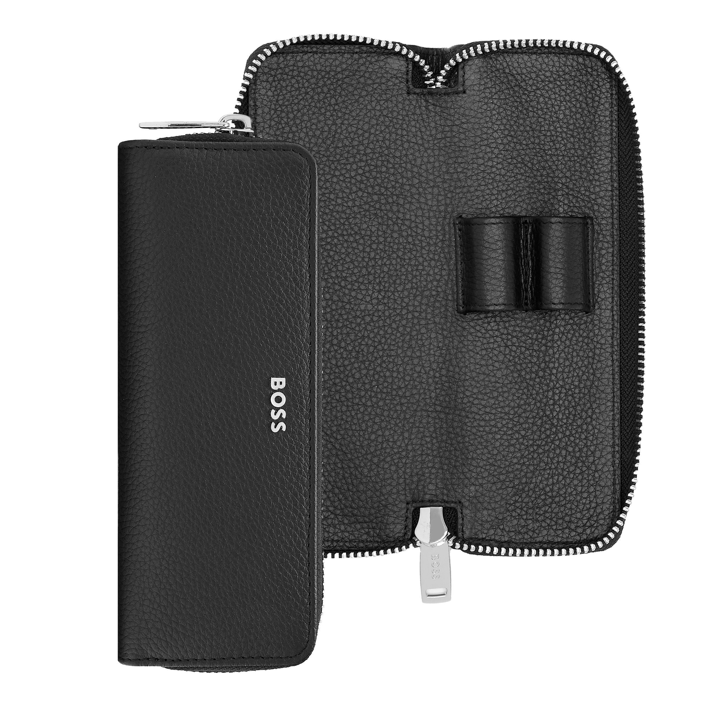 Shop BOSS zipped double pen case Classic in Black Grained leather