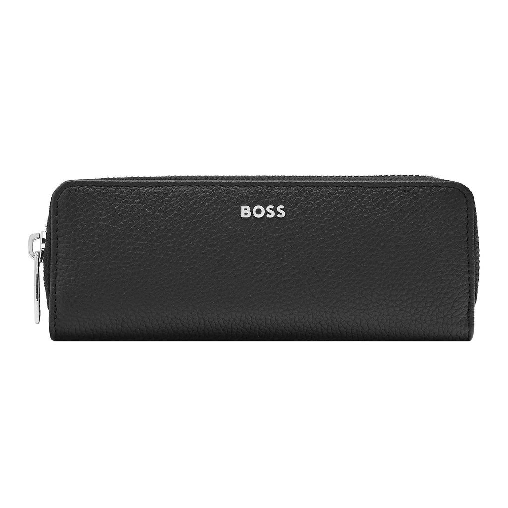 Shop BOSS zipped double pen case Classic in Black Grained leather in HK