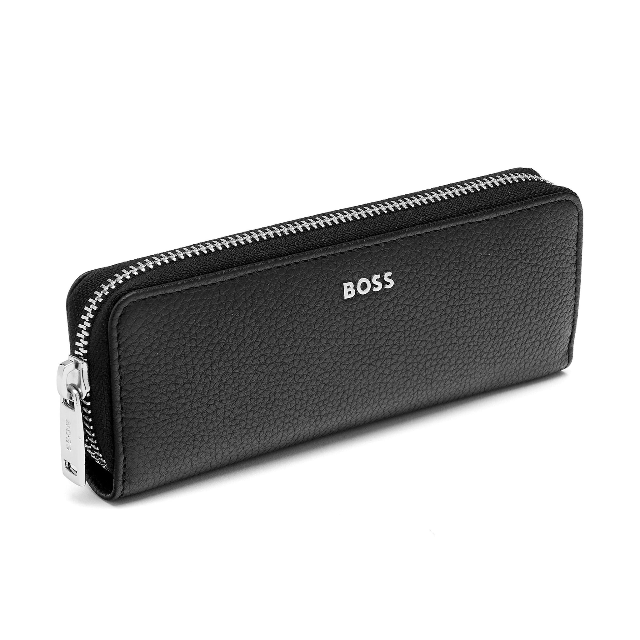 Shop BOSS zipped double pen case Classic in Black Grained leather