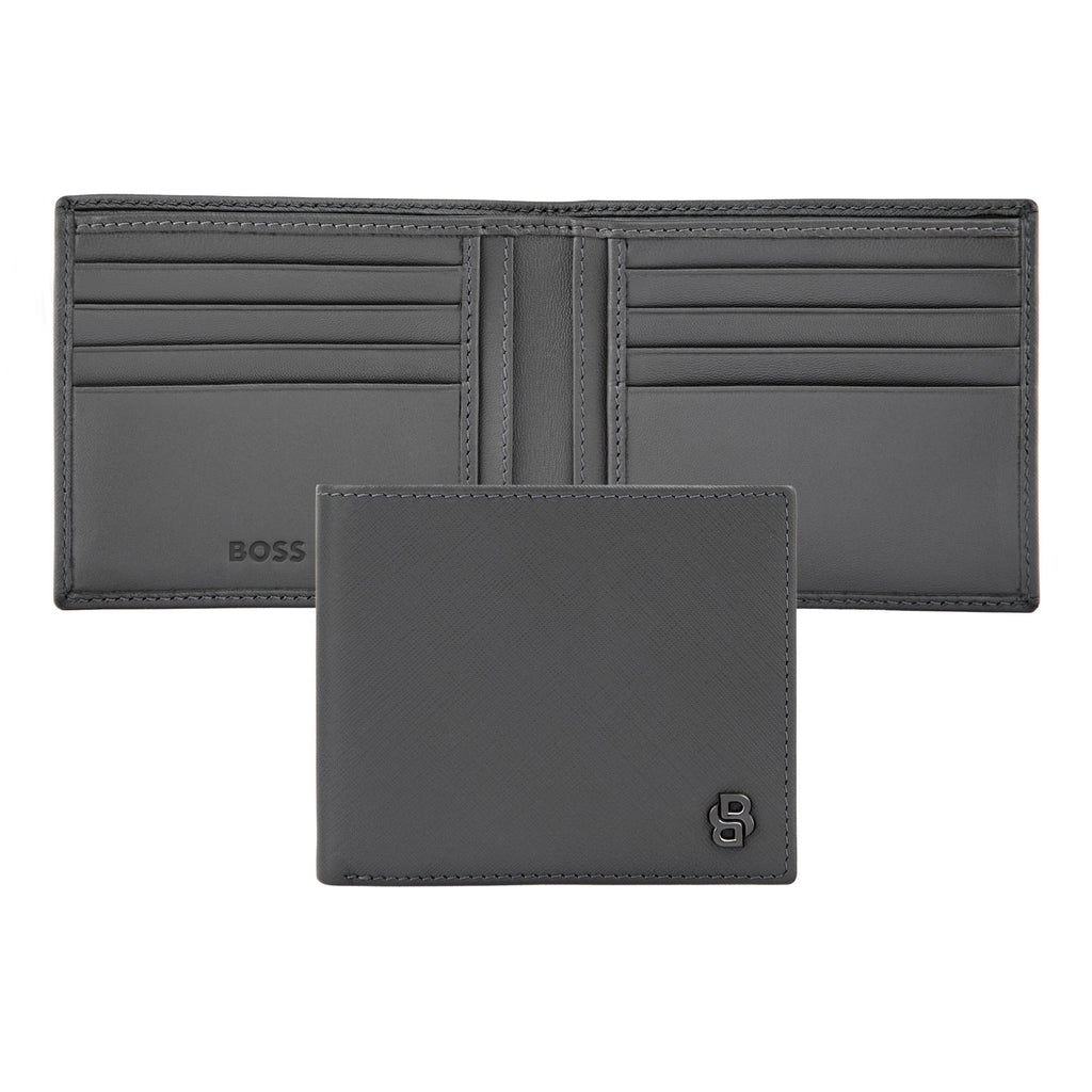 HUGO BOSS grey leather wallet with Double B metal logo and lining 
