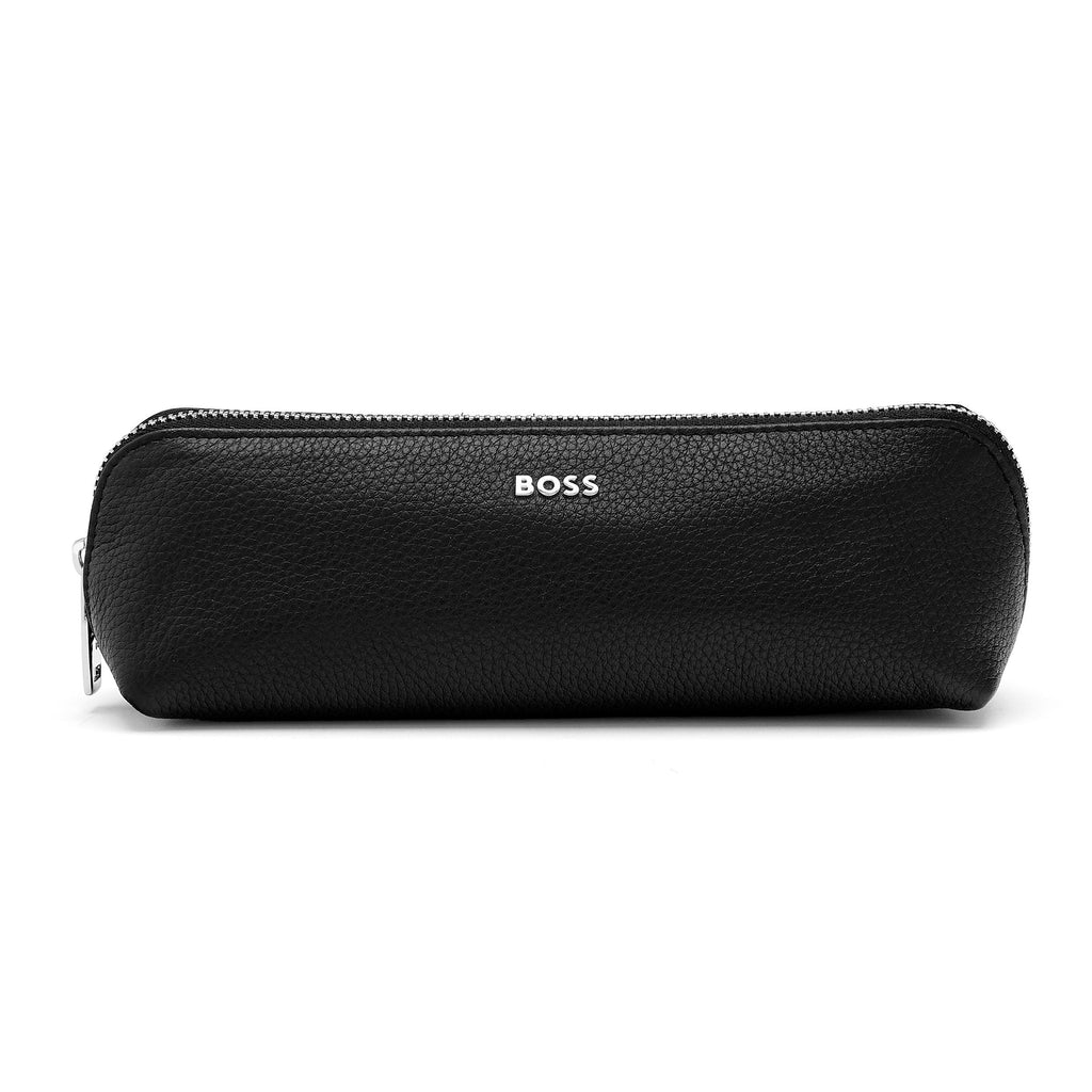 BOSS Grain Black zipped big pen case Classic with chrome-plated logo