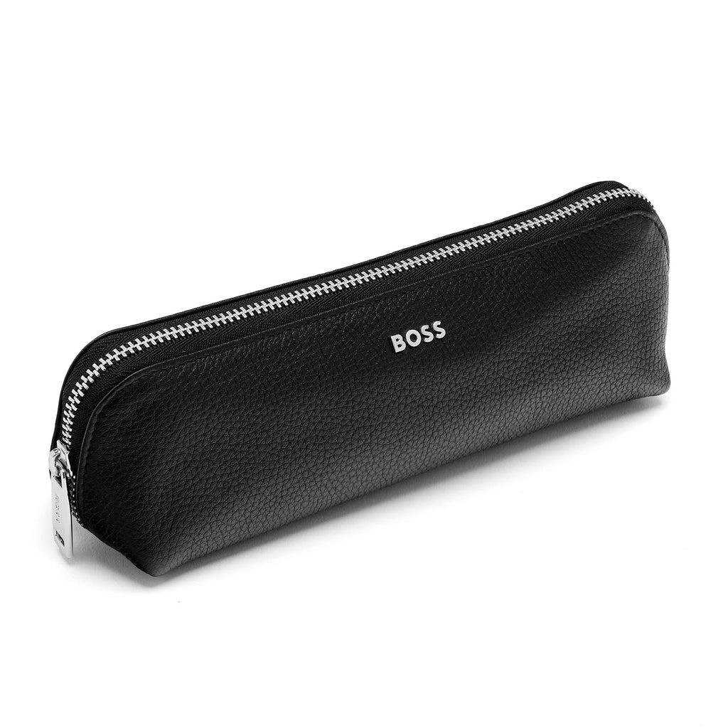 BOSS Grain Black zipped big pen case Classic with chrome-plated logo