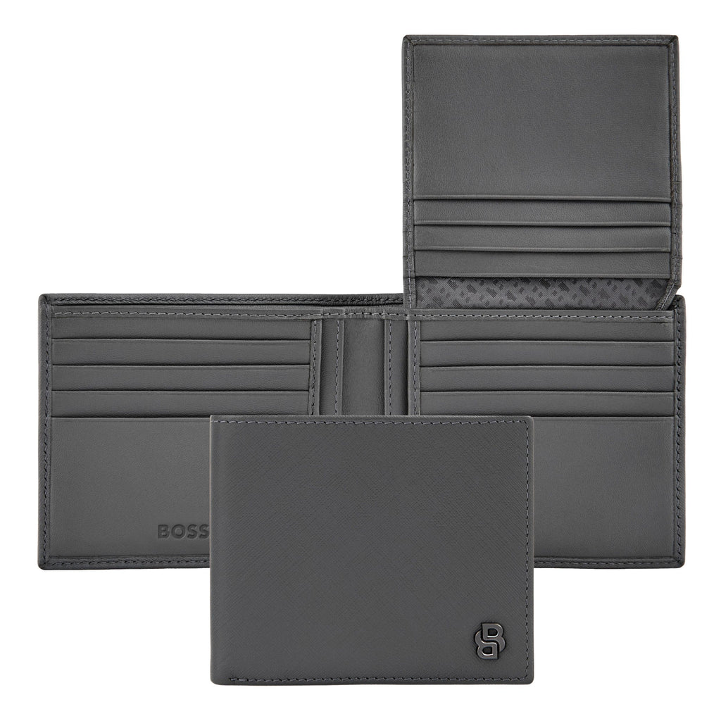 BOSS grey saffiano pattern card wallet with flap with Double B metal logo