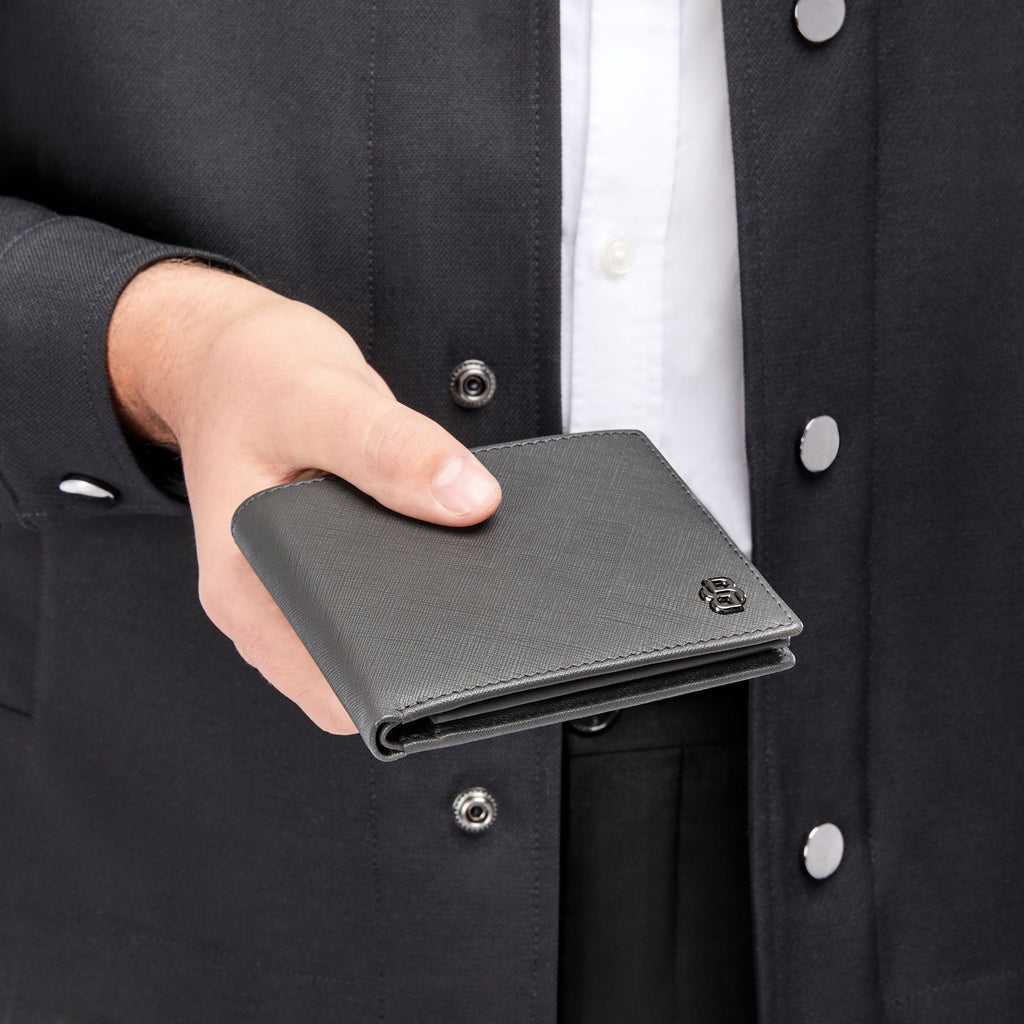 BOSS grey saffiano pattern card wallet with flap with Double B metal logo