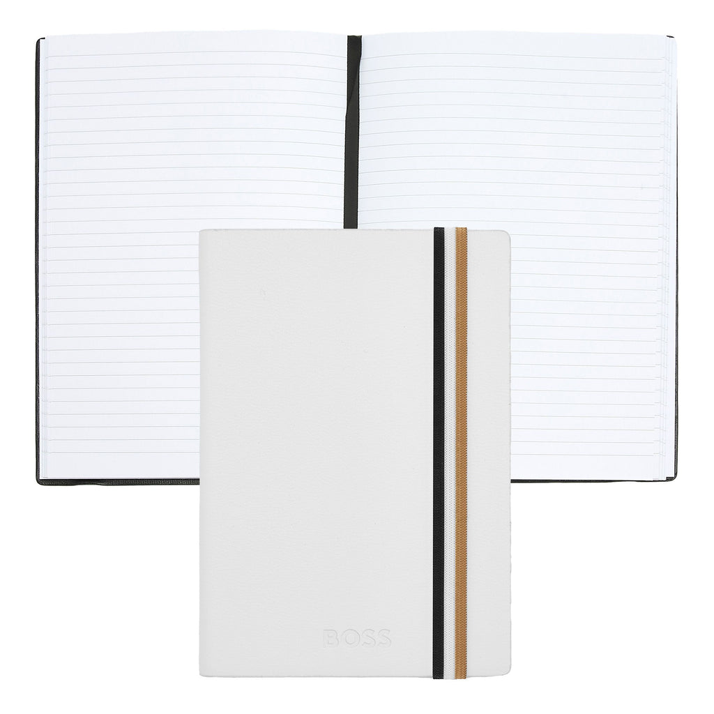 BOSS A6 Notebook Iconic White Lined with tricolor elastic band closure