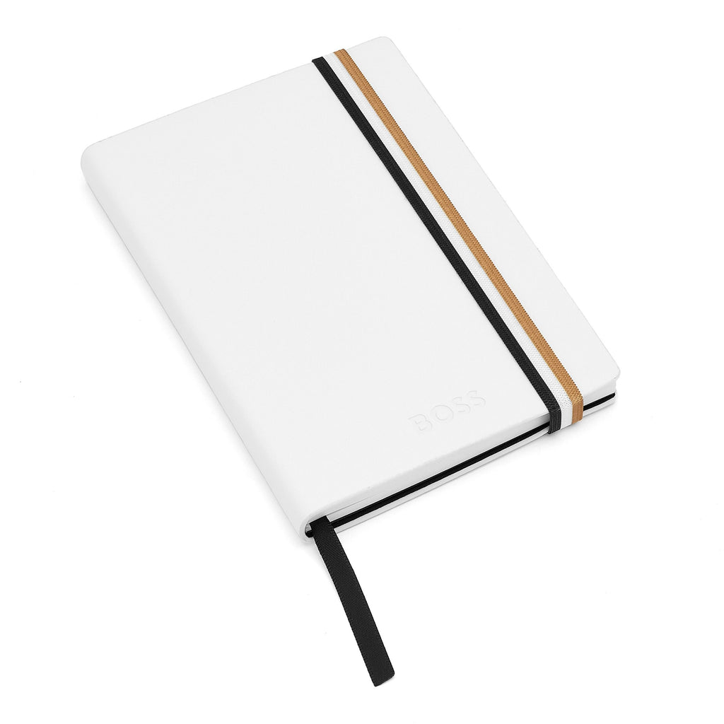 BOSS A6 Notebook Iconic White Lined with tricolor elastic band closure