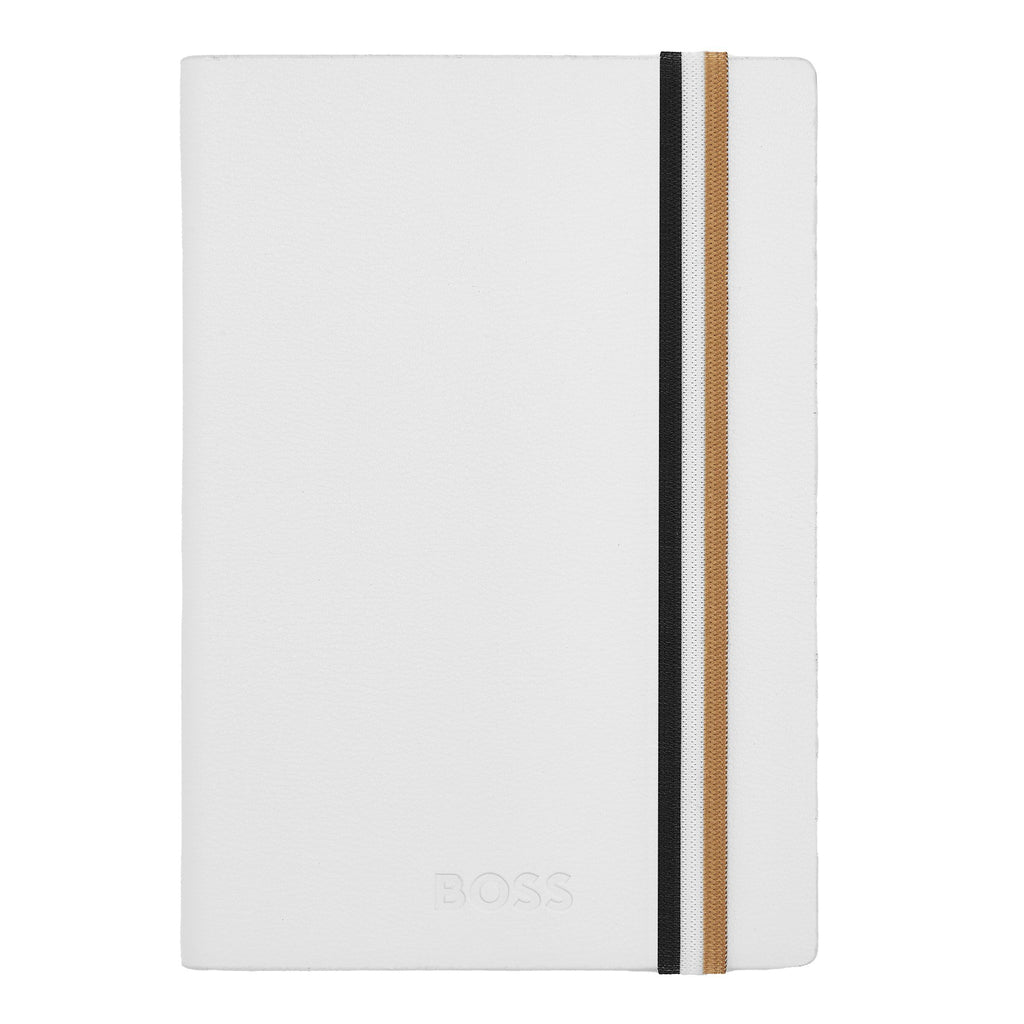 BOSS A6 Notebook Iconic White Lined with tricolor elastic band closure