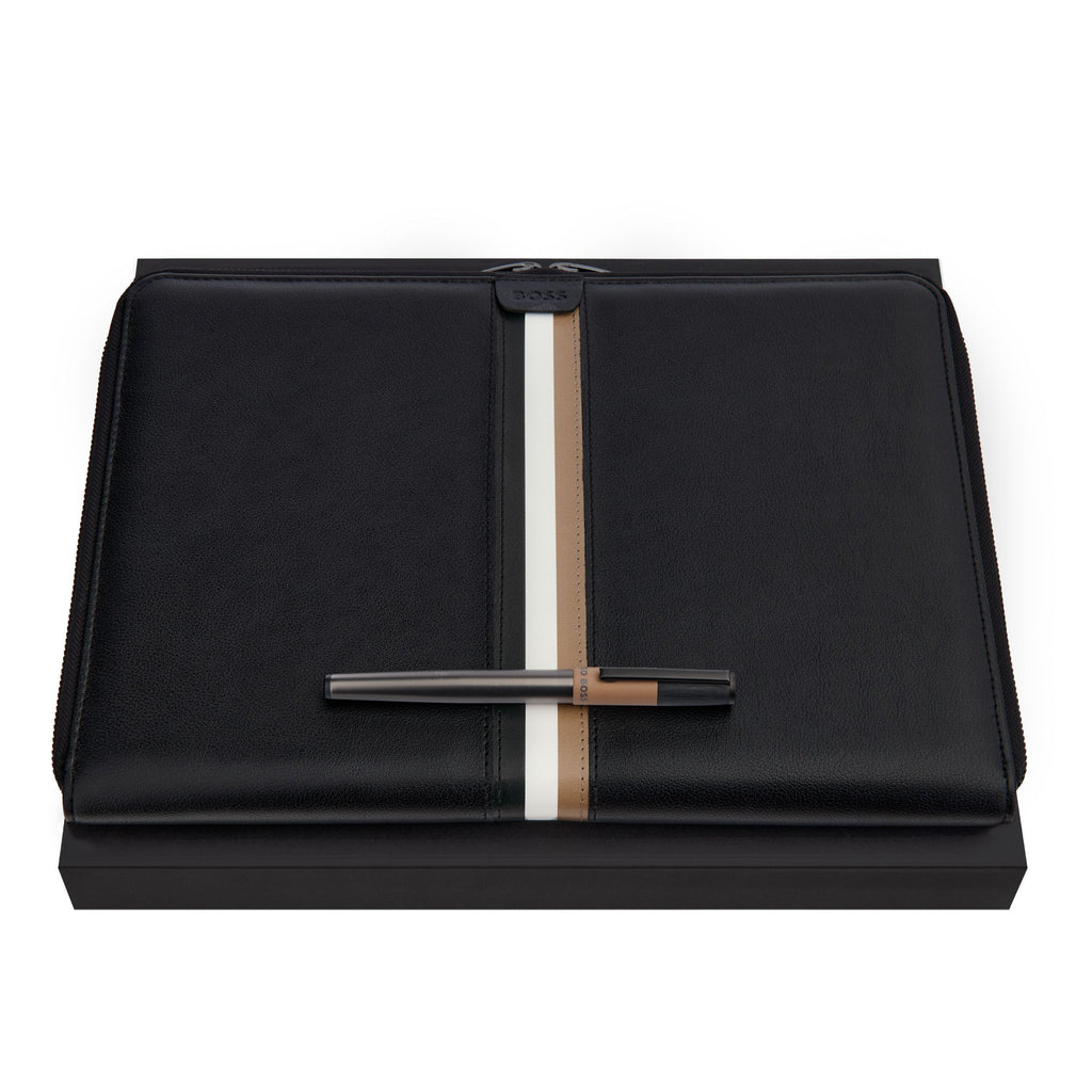 Set with matte plated fountain pen & BOSS black A4 conference folder 