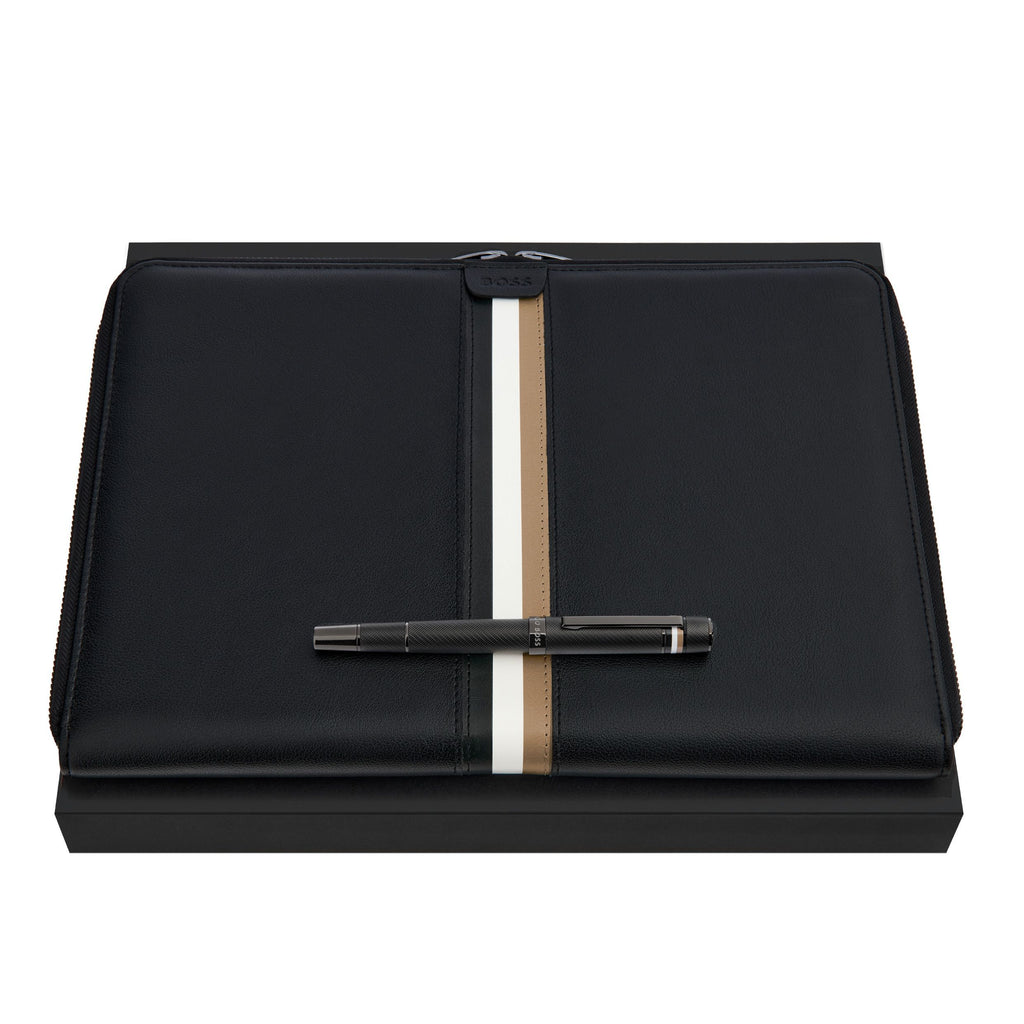 Set with black-plated rollerball pen & BOSS A4 zipped conference folder