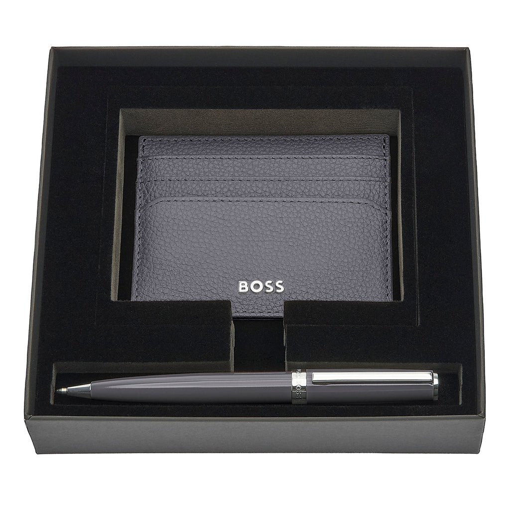 Sets with HUGO BOSS grey-lacqured ballpoint pen & navy card holder