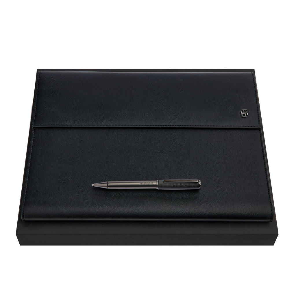 Set with HUGO BOSS gun-metal plated ballpoint pen & black A4 folder