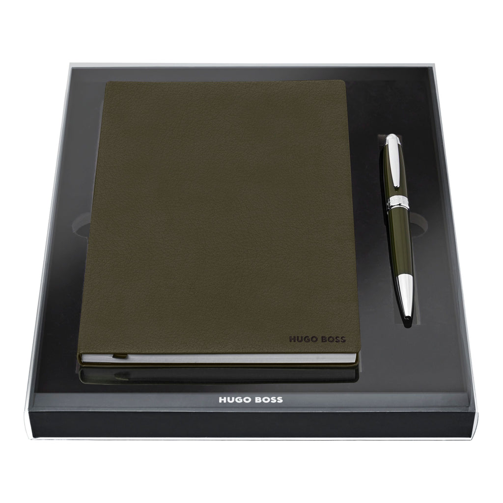   Luxury branded gift sets HUGO BOSS kahki ballpoint pen & A5 note pad 
