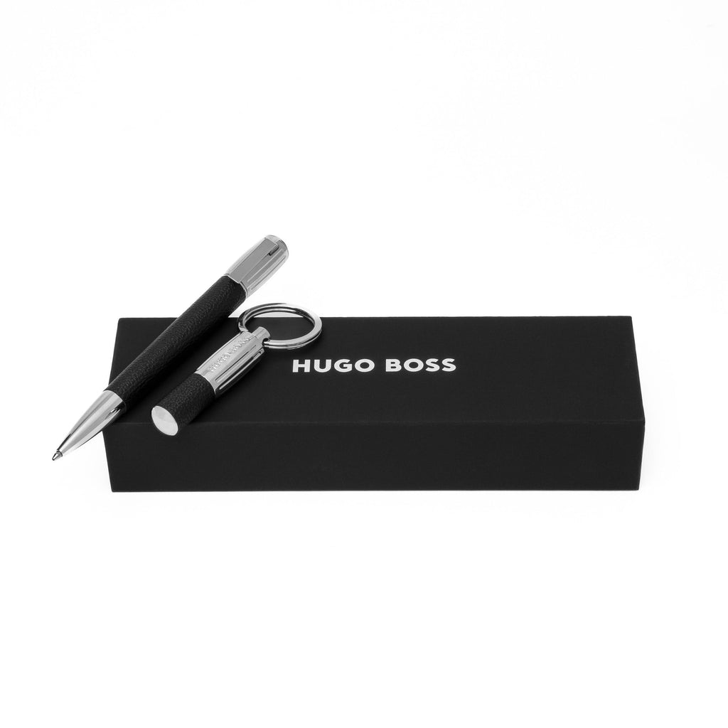 Elegant set HUGO BOSS pebbled black ballpoint pen & key ring Iconic