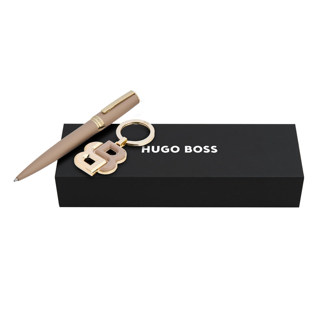 Set with BOSS nude color lacquered ballpoint pen & gold-plated key ring