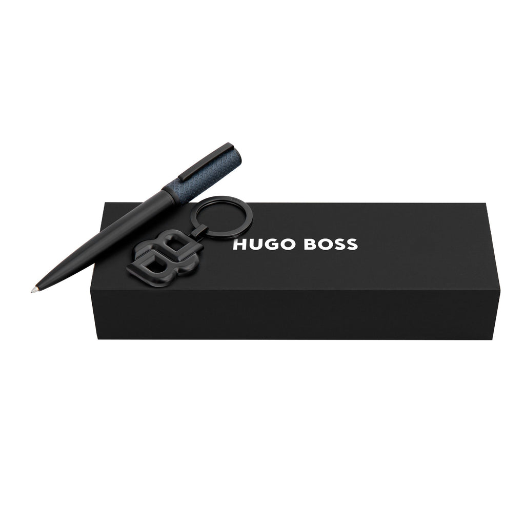 Set with ballpoint pen with mongram pattern & BOSS black-plated key ring