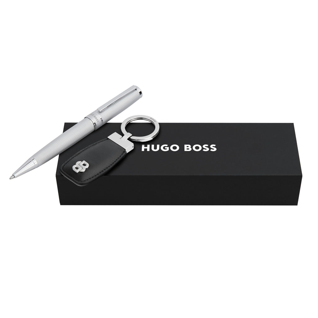 Sets with BOSS chrome-plated ballpoint pen & black leather key ring