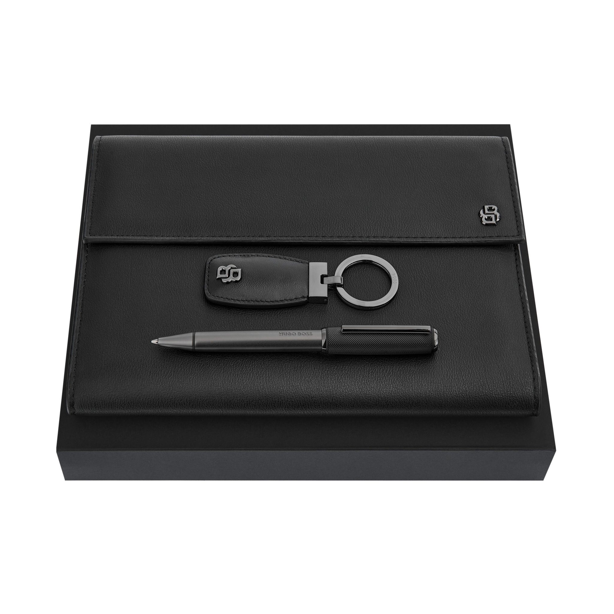Set with BOSS black ballpoint pen, folder A5 key ring with