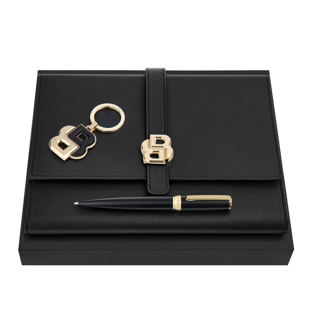 Set with BOSS black ballpoint pen, folder A5 & gold-plated key ring 