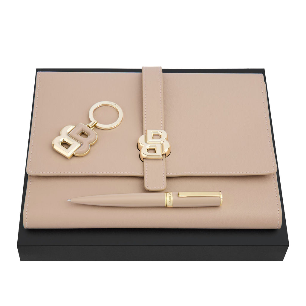 Set with BOSS nude color ballpoint pen, A5 folder & gold plated key ring