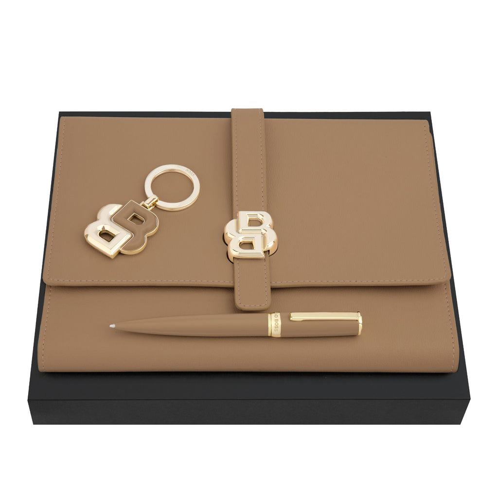 Set with BOSS camel color ballpoint pen, A5 folder & gold plated key ring