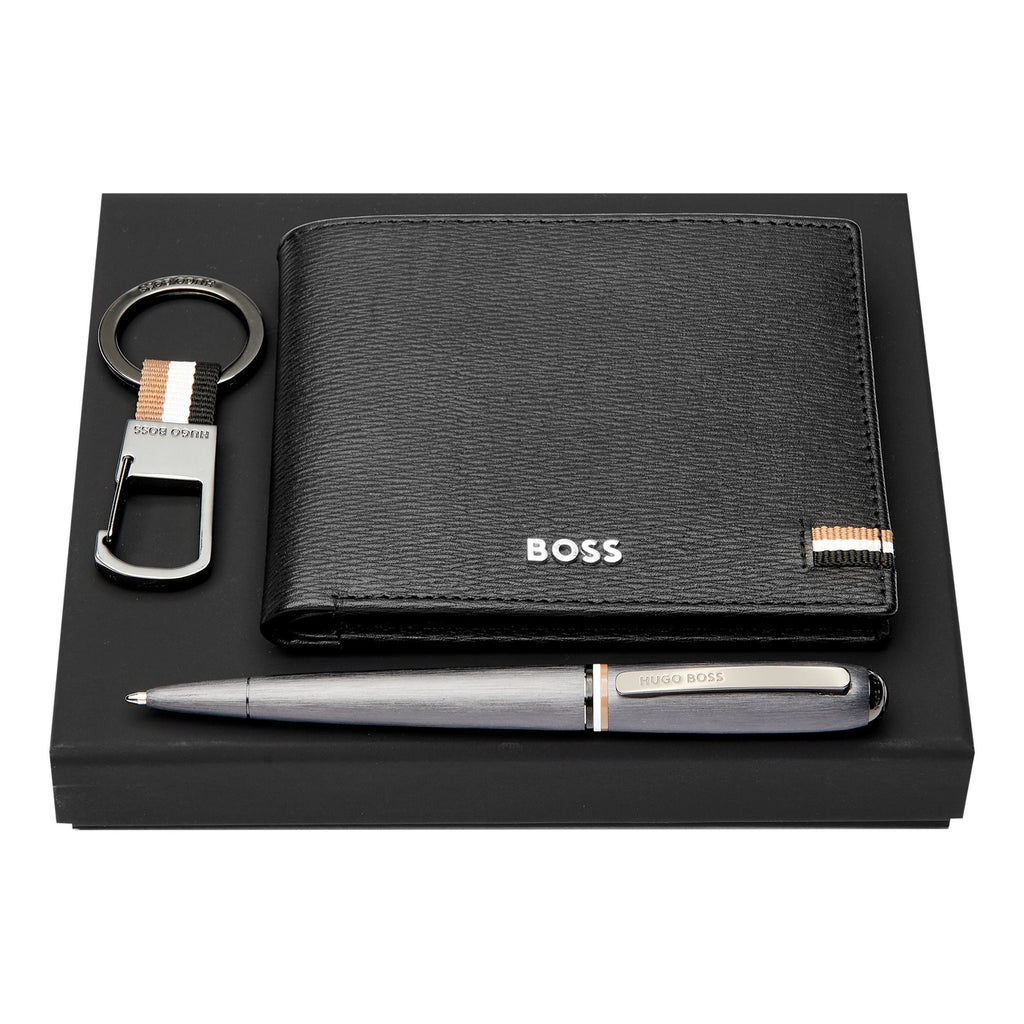 Men's designer gift set HUGO BOSS ballpoint pen, key ring & wallet