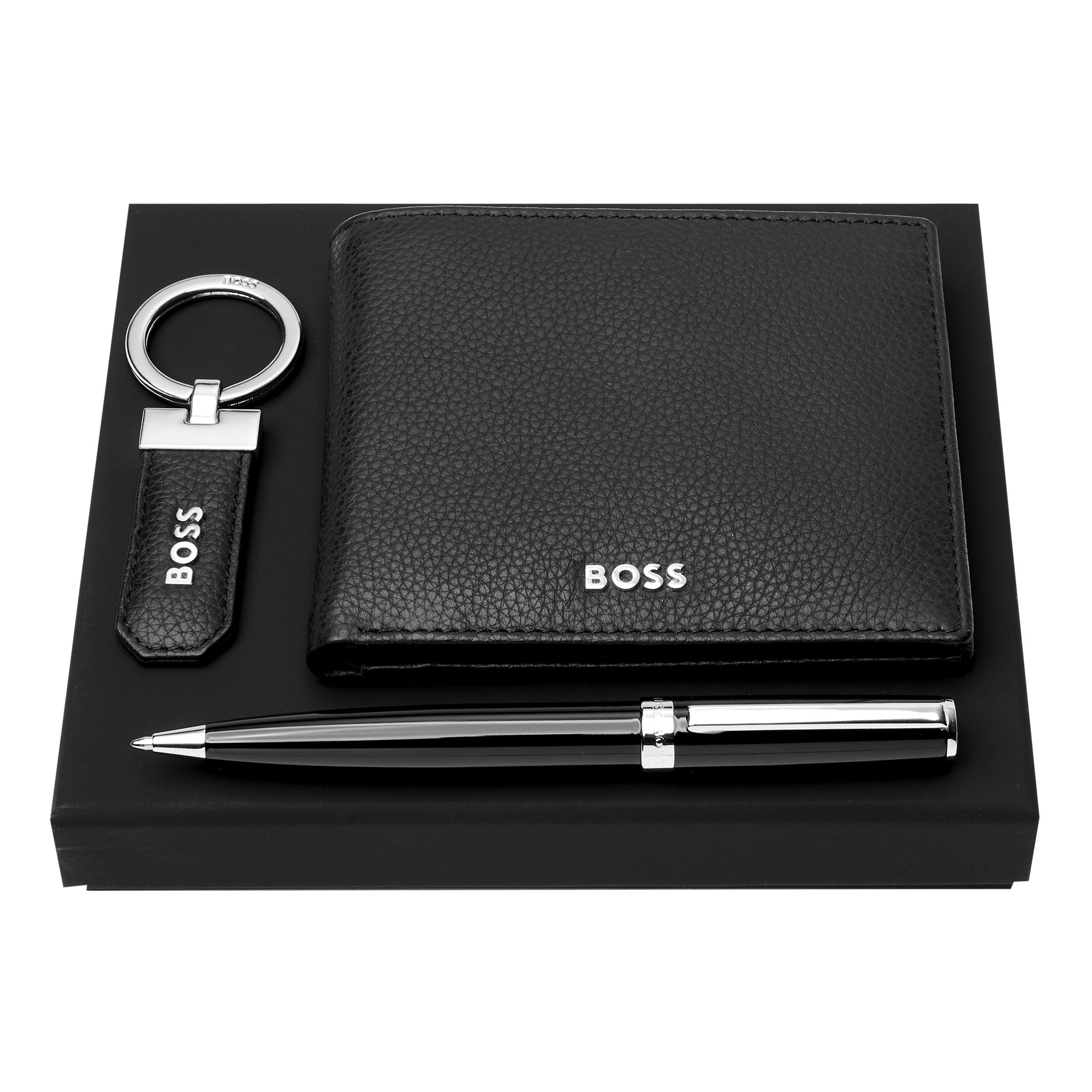 Business gift set HUGO BOSS Black ballpoint pen, key ring wallet