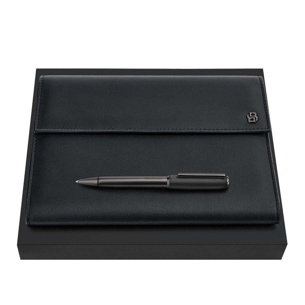 Set with BOSS black-plated ballpoint pen & A5 folder with Double B logo