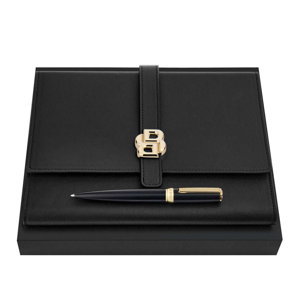 Sets with BOSS black ballpoint pen & A5 folder with gold-plated logo