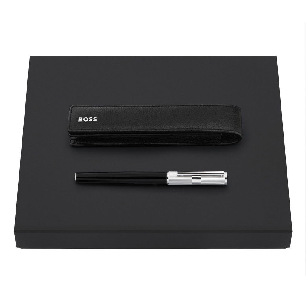 Set with chrome-plated fountain pen & BOSS black flap single pen case