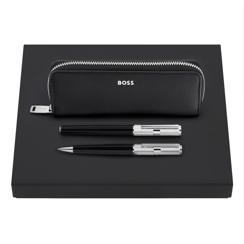 Set with Silver ballpoint pen, fountain pen & BOSS zipped pen case