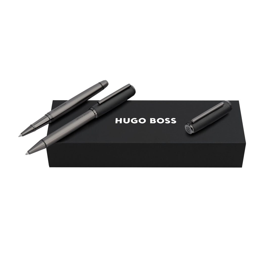 Set with HUGO BOSS gun plated ballpoint & rollerball pen w/black pattern PACE