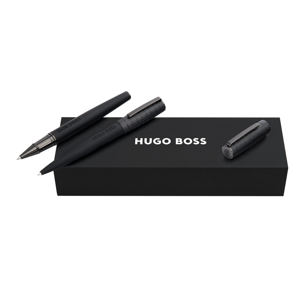 Set with BOSS bauhaus black plated ballpoint pen & rollerball pen Arche