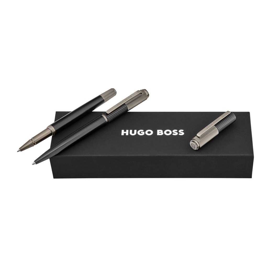 Set with HUGO BOSS black-plated ballpoint pen & rollerball pen Striade ...