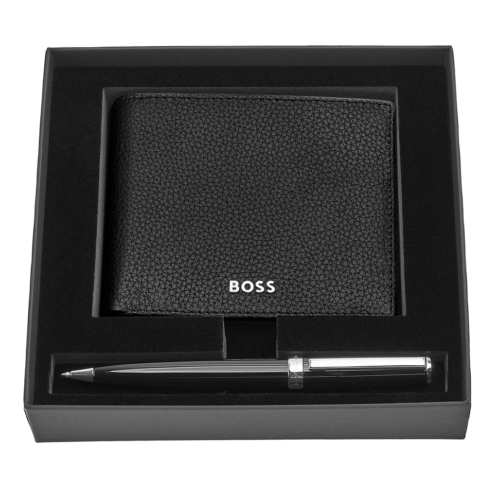 Leather wallet gift set HUGO BOSS trendy black wallet & ballpoint pen
