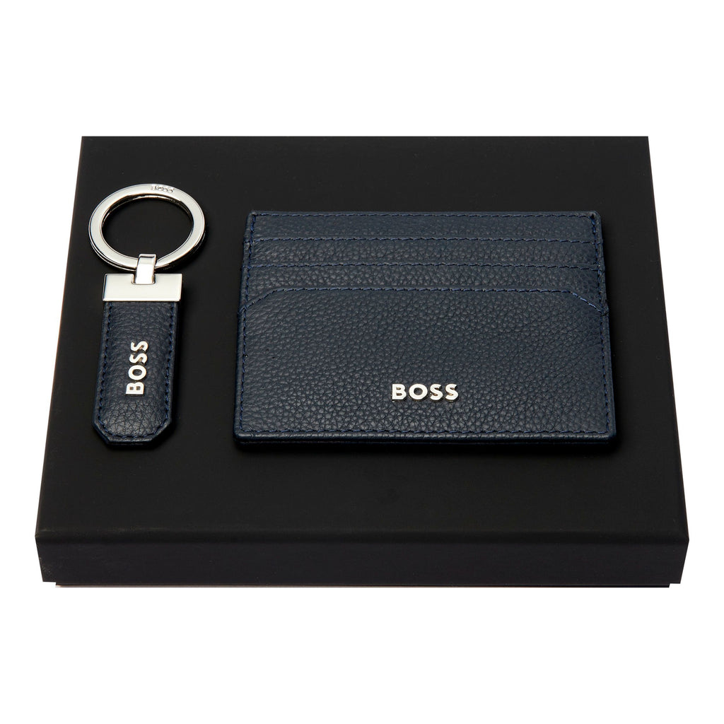  Elegant Gift Set Hugo Boss grained navy key ring & card holder Classic