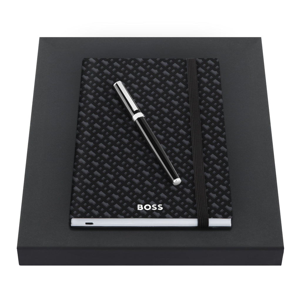 Set with BOSS A5 notepad with monongram pattern & black rollerball pen