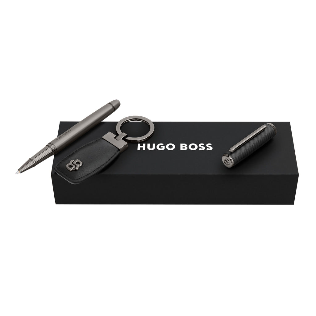 Set with HUGO BOSS gun-plated rollerball pen & black key ring w/double B