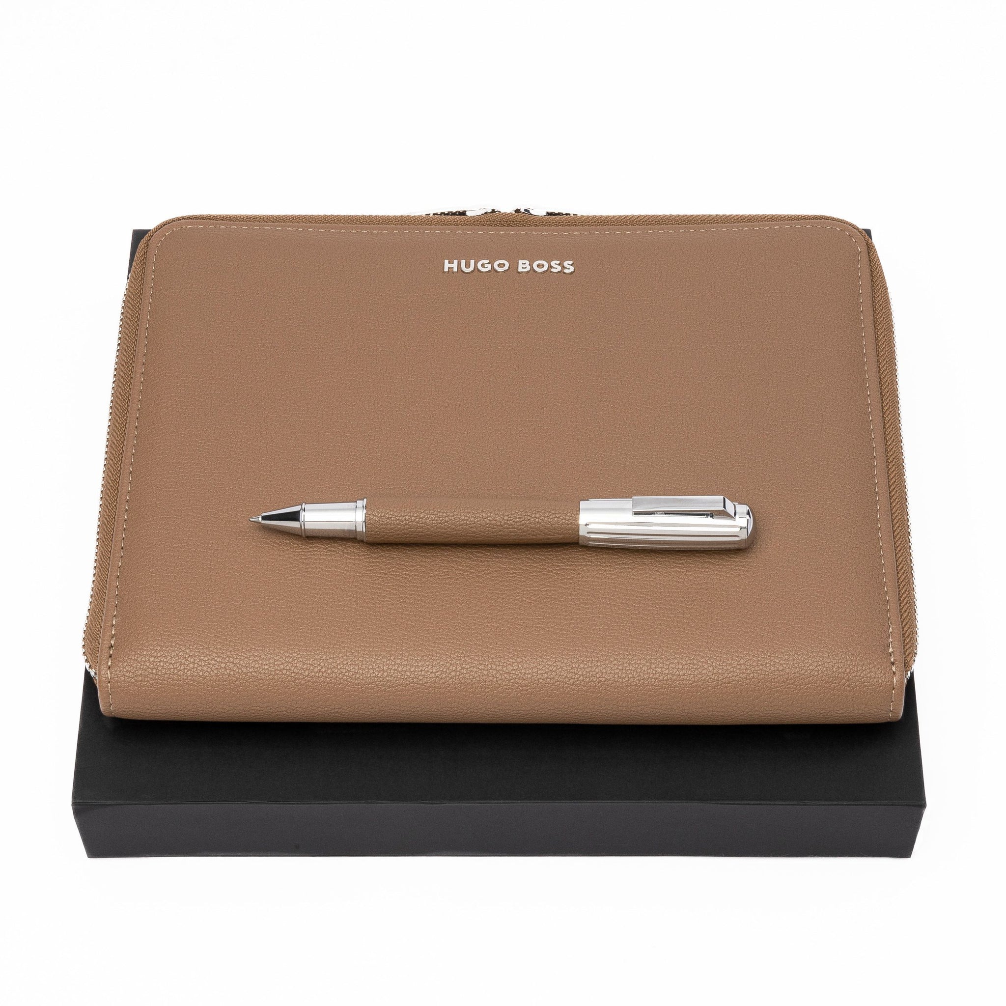 Set HUGO BOSS pebbled camel rollerball pen A5 conference folder