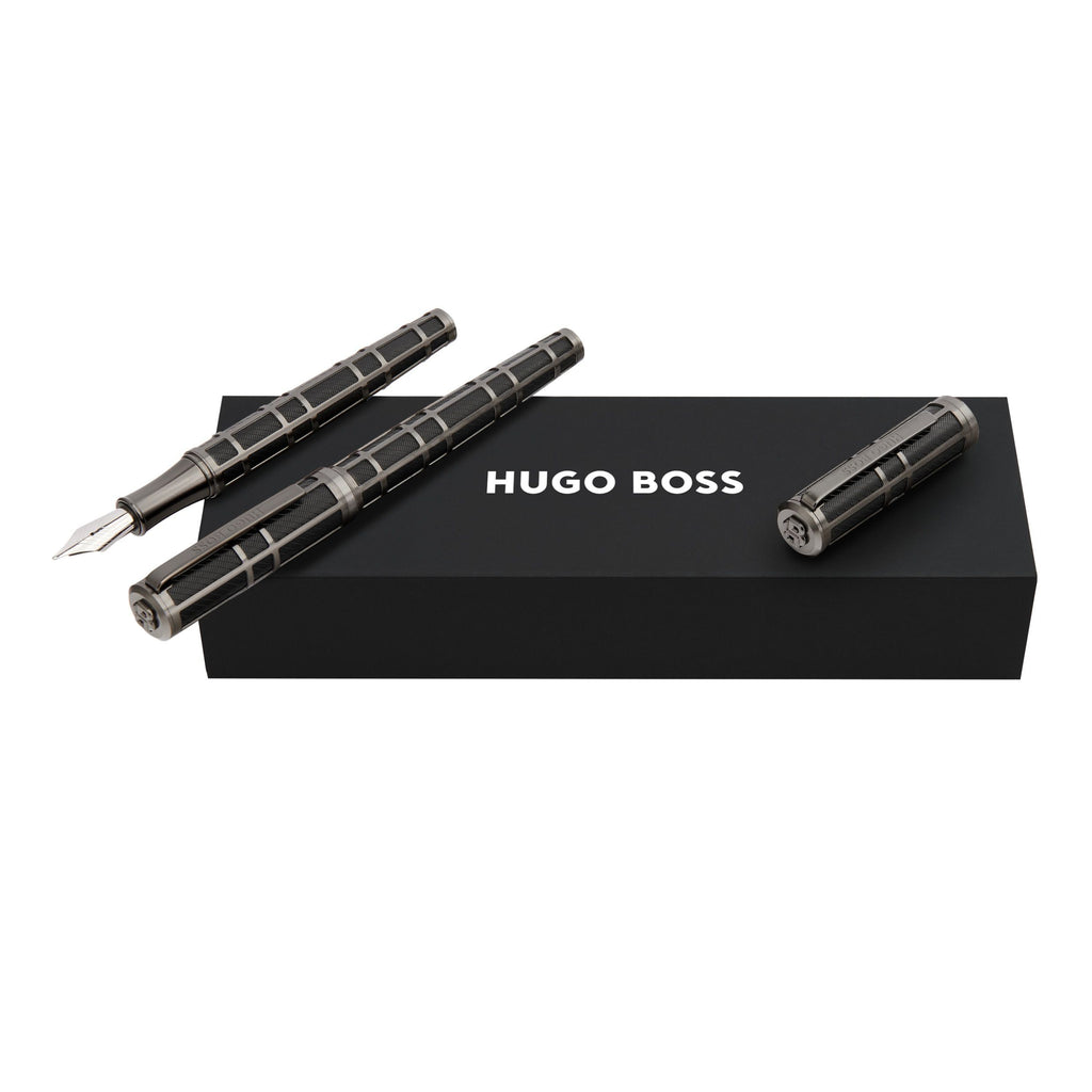 Set with BOSS black rollerball pen & gun-metal plated fountain pen Frame Grid 