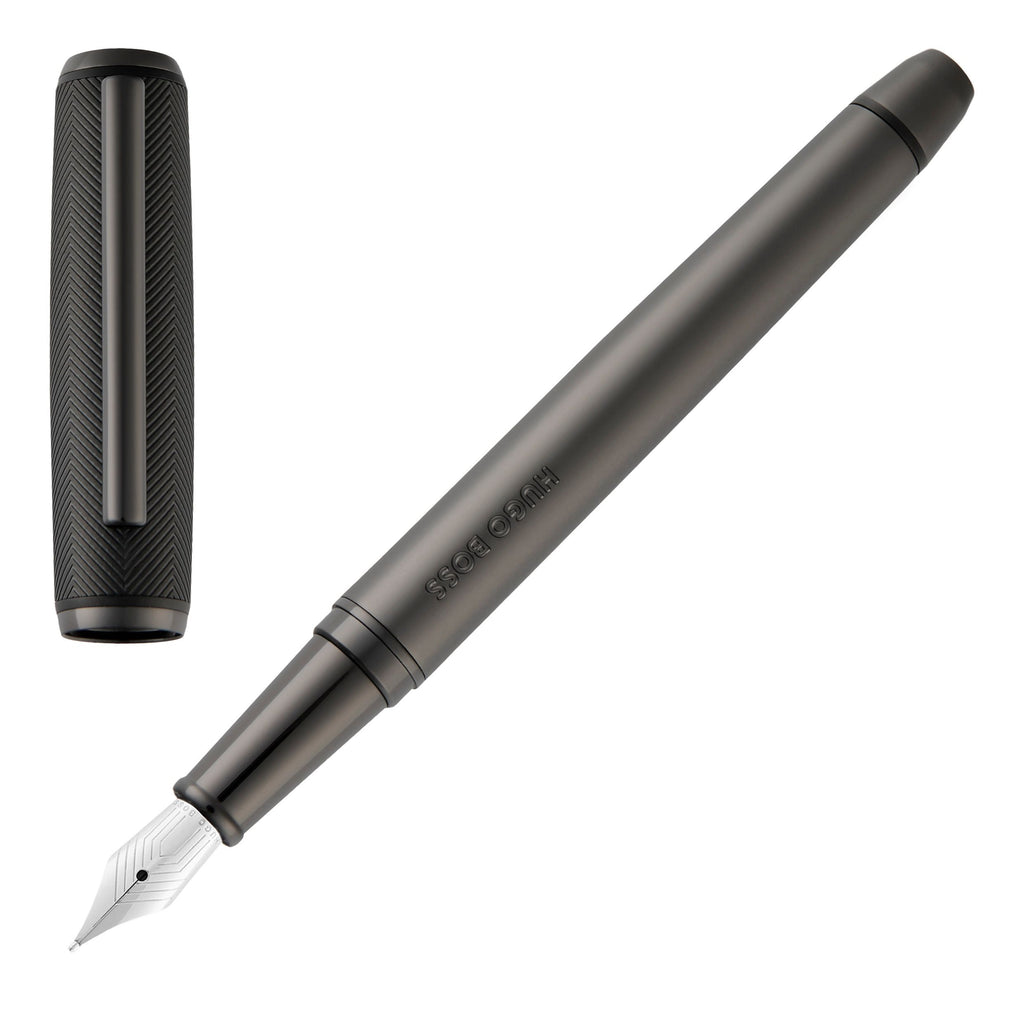 HUGO BOSS gun metal plated fountain pen Pace with black chevron pattern