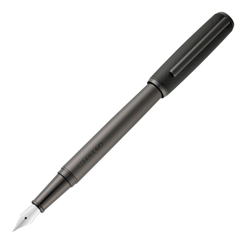 HUGO BOSS gun metal plated fountain pen Pace with black chevron pattern