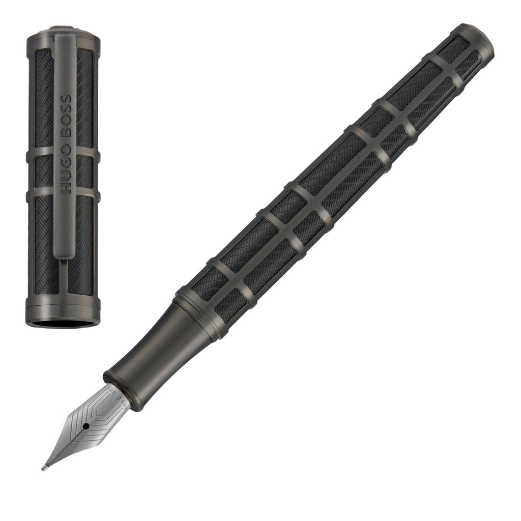 Set with BOSS black rollerball pen & gun-metal plated fountain pen Frame Grid 