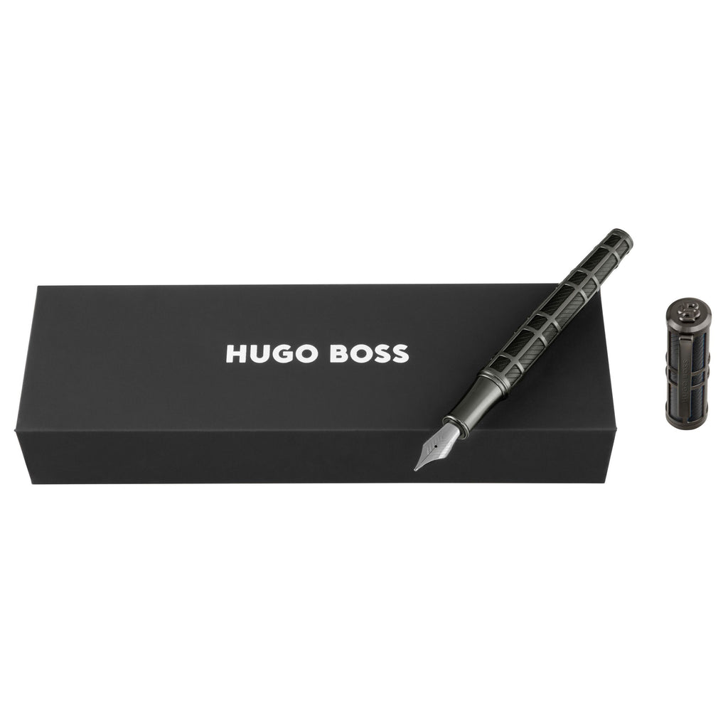 HUGO BOSS black fountain pen Frame Grid wrapped by gun-metal frame