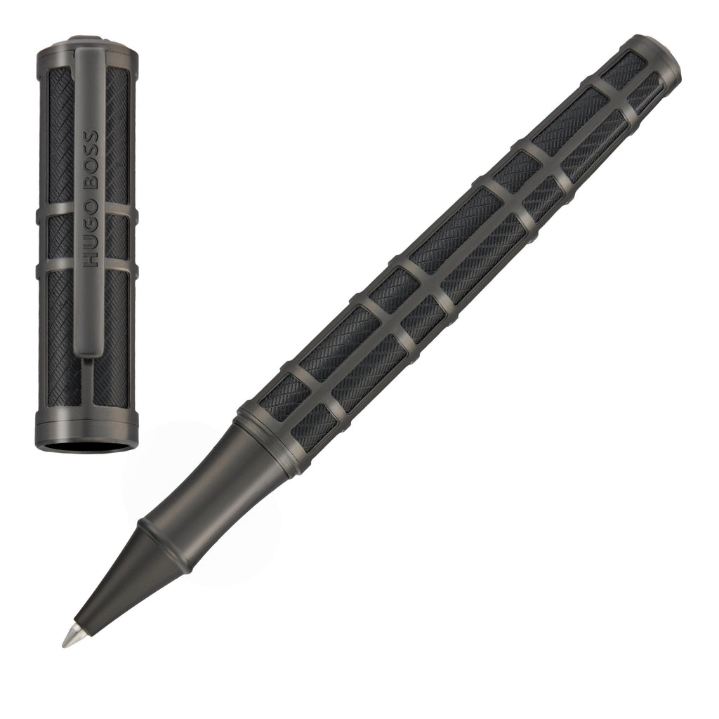 Set with BOSS black rollerball pen & gun-metal plated fountain pen Frame Grid 