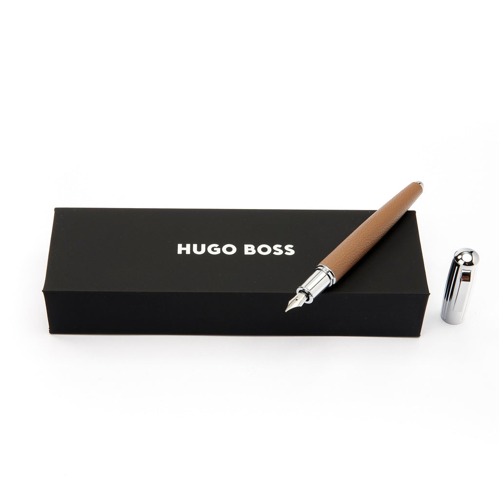  HUGO BOSS Camel faux leather Fountain pen Pure Iconic with chrome accents