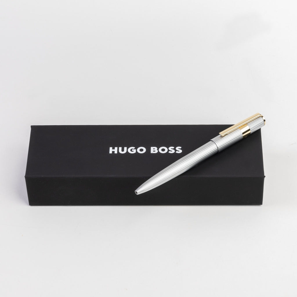  HUGO BOSS Gold Ballpoint pen Gear with chrome pinstripe pattern