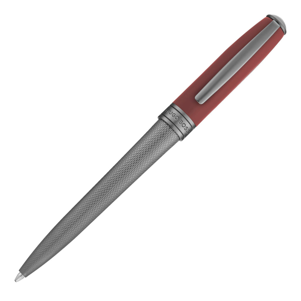 BOSS gun metal plated ballpoint pen in diamond cut pattern with red cap