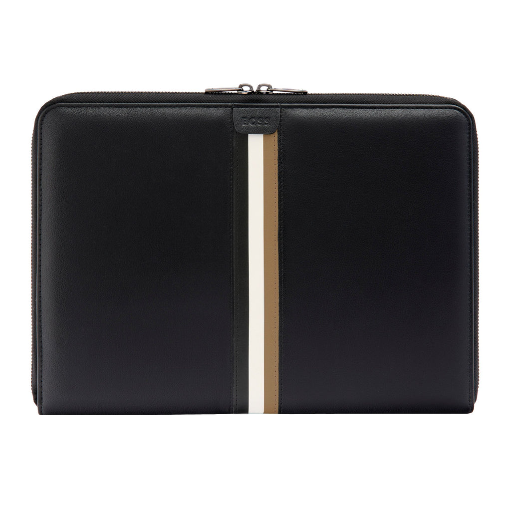 BOSS A4 zipped conference folder with iconic black, white & brown stripes