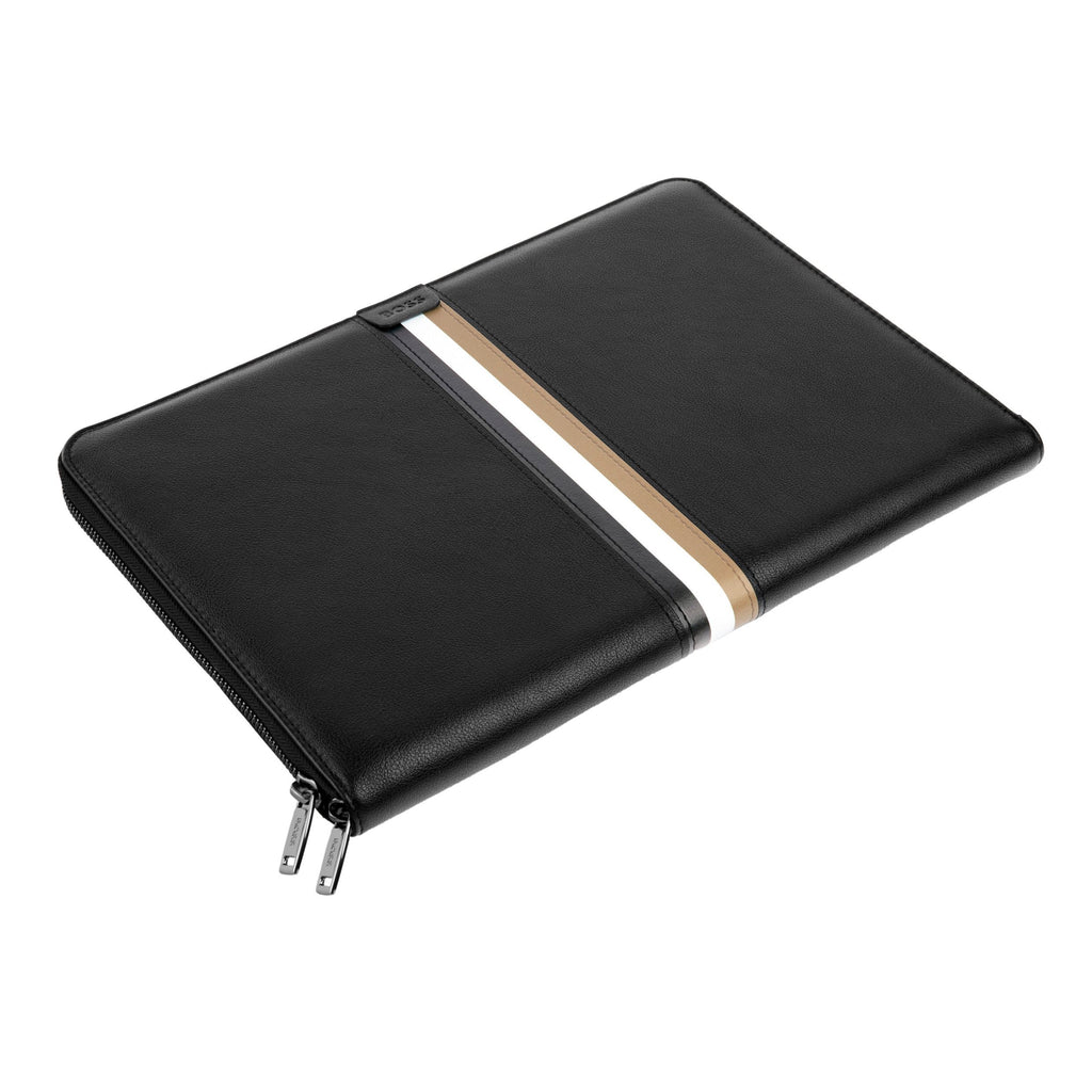 BOSS A4 zipped conference folder with iconic black, white & brown stripes