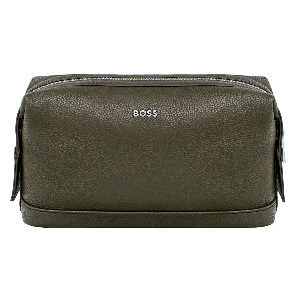 BOSS khaki toiletry bag Classic Grained with chrome metal logo & closure